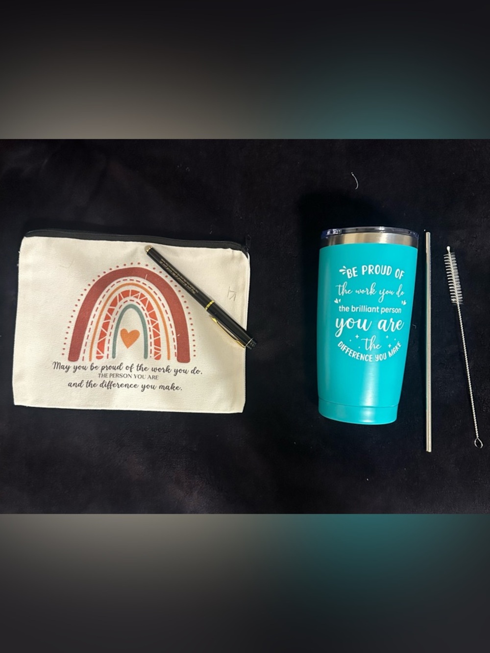 Inspirational gift set Stainless Steel Tumbler with straw/ makeup bag and pen